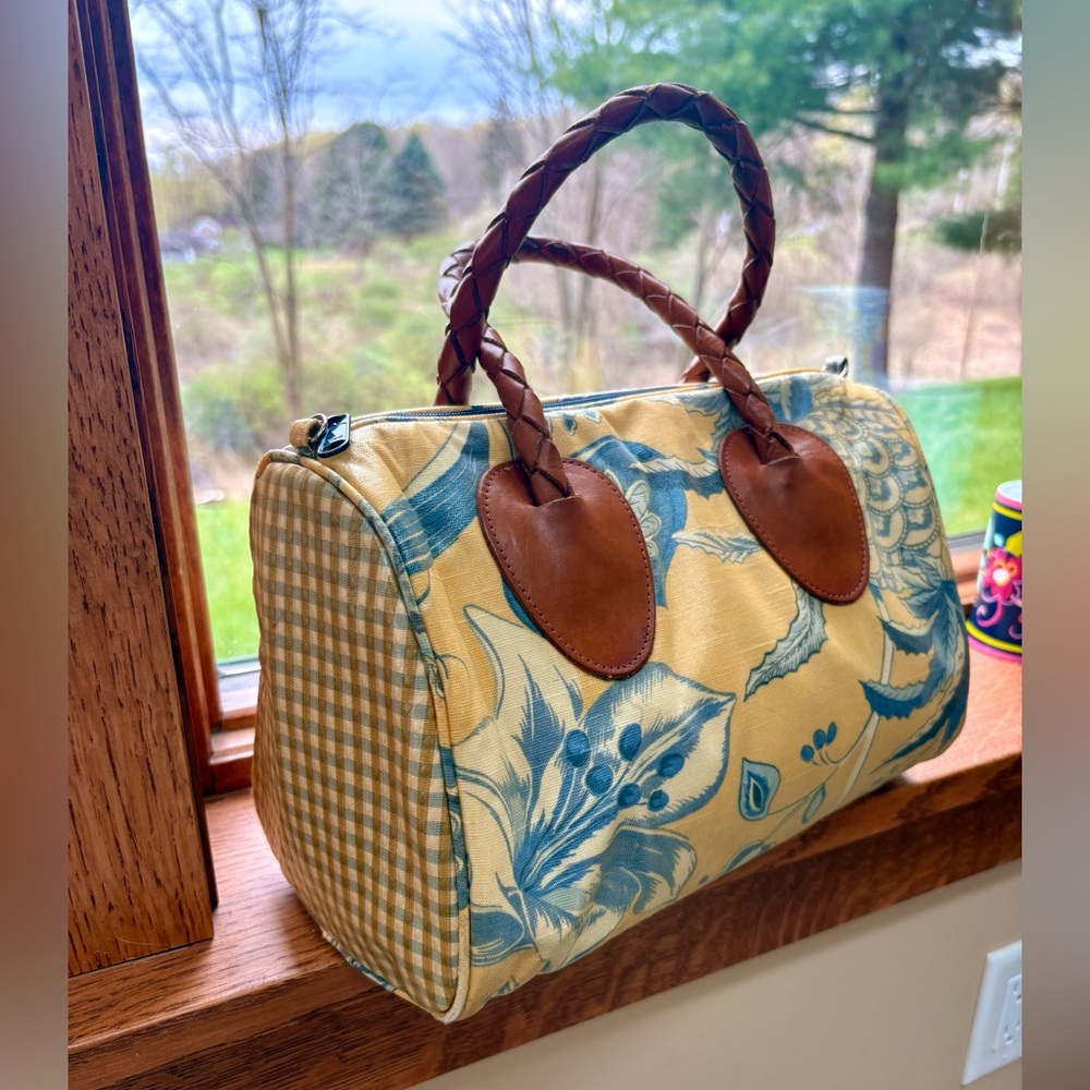 NORDIC HOUSE DESIGNS FLORAL PURSE PRETTY BRAIDED WOVEN LEATHER DOCTORS BAG VTG